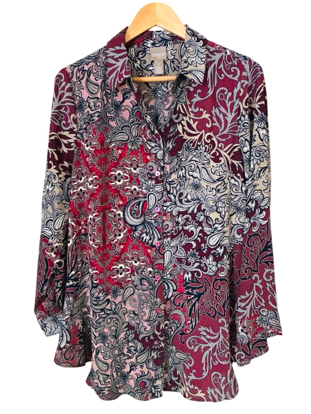 Chico's 1 Size MEDIUM Burgundy Beige Black Paisley Floral Tunic Blouse Top - Picture 3 of 9